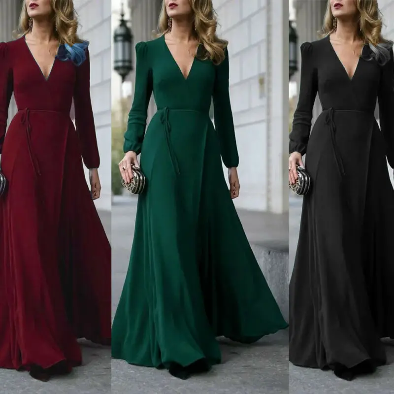 Vintage Women Deep V Neck High Slit Maxi Long Dress Long Sleeve Prom Gown Evening Party Formal Retro Dress mujer vestito