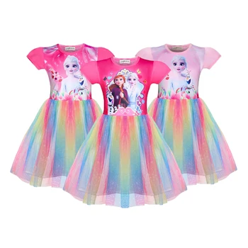 

Ice Snow Word 2 Elsa Anna Girls Dress Birthday Gift Party Princess Toddler Summer Dress Rainbow Lace Mesh Children Clothing