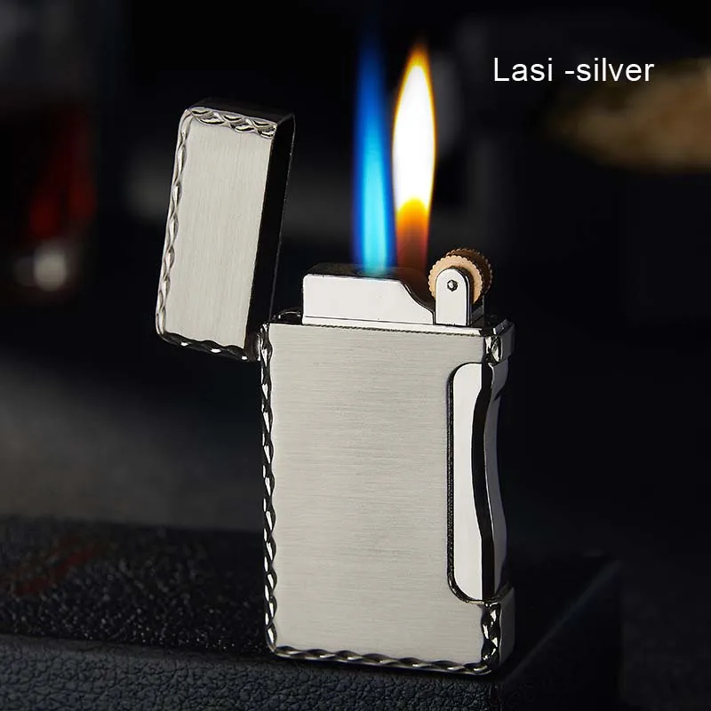 Lasi-silver Ветроустойчивый факел зажигалки двойной пламени преобразования зажигалка, металлическая зажигалка с абразивным кругом аксессуары для сигарет для Для мужчин подарки - Цвет: Lasi-silver