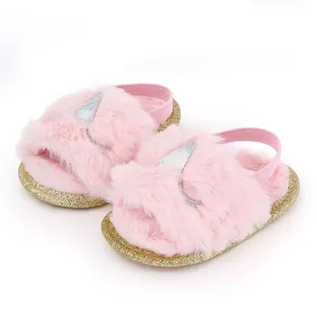 

High Quality Soft Sole Faux Fur Flats Toddler Prewalker Slippers Infant Baby Girls Plush Sandals with Elastic Back Strap