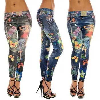 

Fashion Lady Cartoon Girl Print Stretchy Leggings Denim Look Skinny Pencil Pants Slims Fit Trousers брюки женские