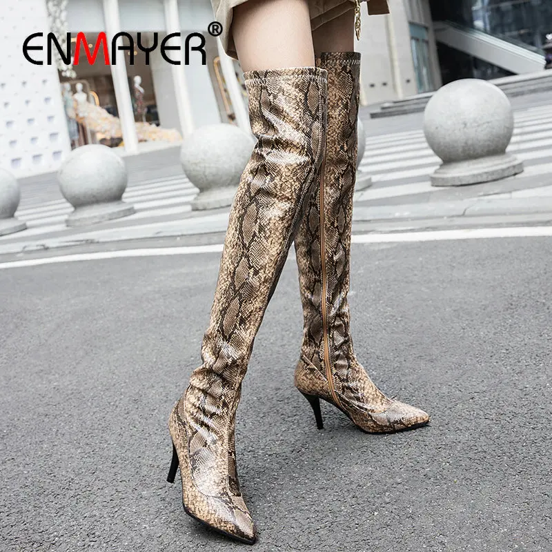 

ENMAYER 2019 Luxury Shoes Women Designers PU Zip Basic Pointed Toe Thin Heels Winter Boots Women Over The Knee Boots Size 34-43