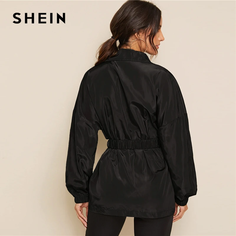 SHEIN черная куртка на молнии с карманом и заплатками, нажимная пряжка на поясе, Женская Осенняя однотонная ветровка, повседневная спортивная одежда, куртки
