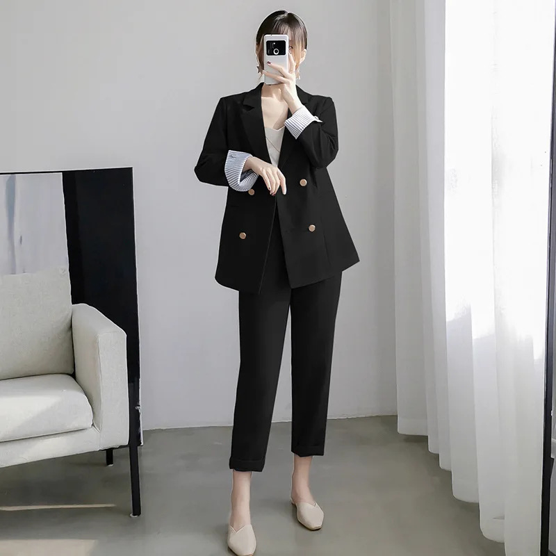 Trajes de pantalón de trabajo OL para mujer, conjunto de 2 piezas, Blazer a  rayas de doble botonadura, chaqueta y pantalones con cremallera, Primavera  - AliExpress