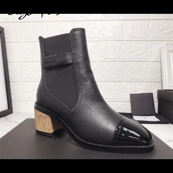 

Black Slip On Short Boots Women Thick Heel Brand Shoes Woman Fashion High Heel botas mujer invierno Round Toe High Heel Shoes