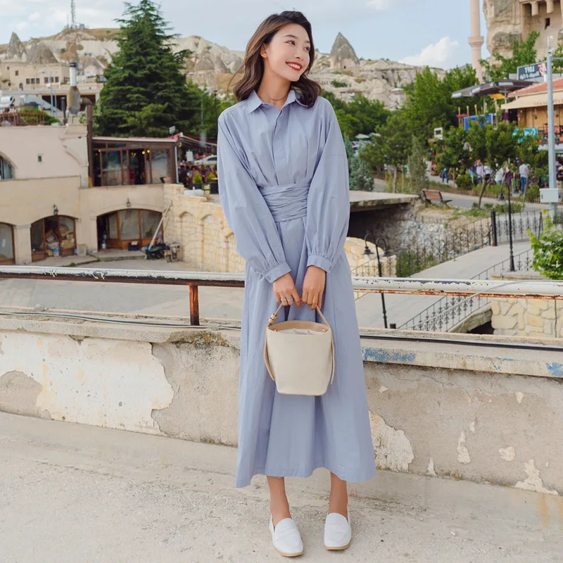 

2019 New Style Mid-length chen yi qun Spring And Autumn Literature And Art INS Bow Decoration Shirt Waist Hugging Dress Women's