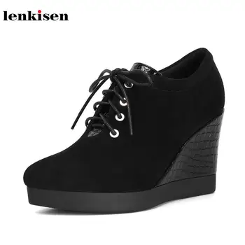

Lenkisen black colors lace up pointed toe sheep suede high heels wedges fashion streetwear winter warm women ankle boots L62
