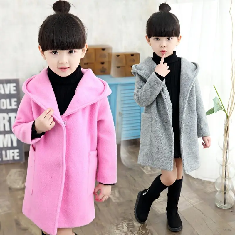 Winter Girls Cotton Long Jackets Kid's Outerwear Clothes Toddler Children Clothes Casual Turn-down Collar Plaid Woolen Coat