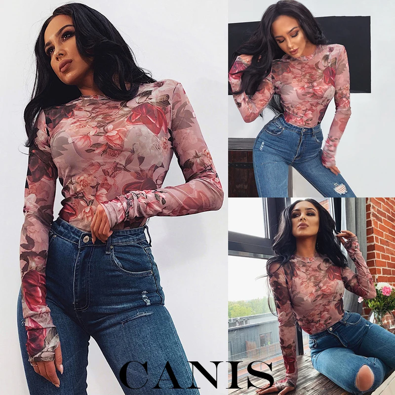 Sexy Women Long Sleeve Bandage Bodysuit Floral Tops Blouse Jumpsuit Rompers Autumn Clothes