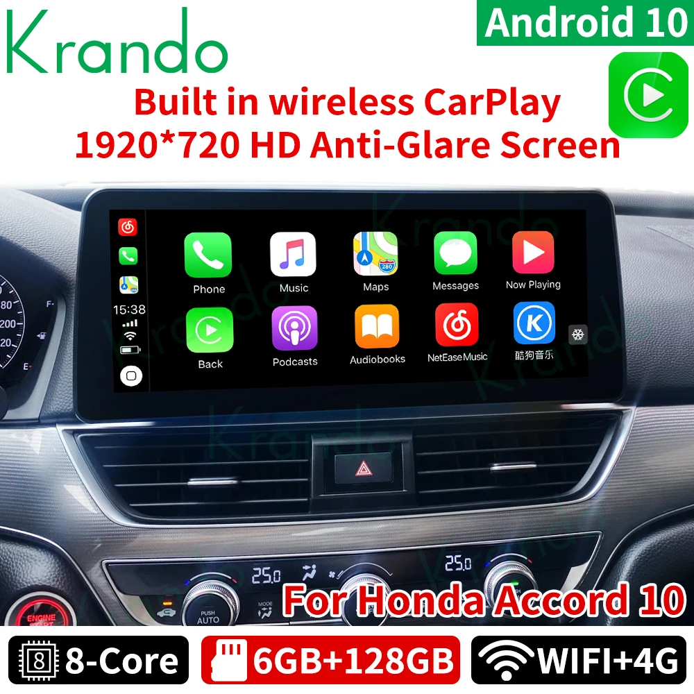 

Автомобильная Мультимедийная магнитола Krando, Android 10,0, 6G, 128G, экран 12,3 дюйма, для Honda Accord 10 2018-2021, беспроводное Carplay