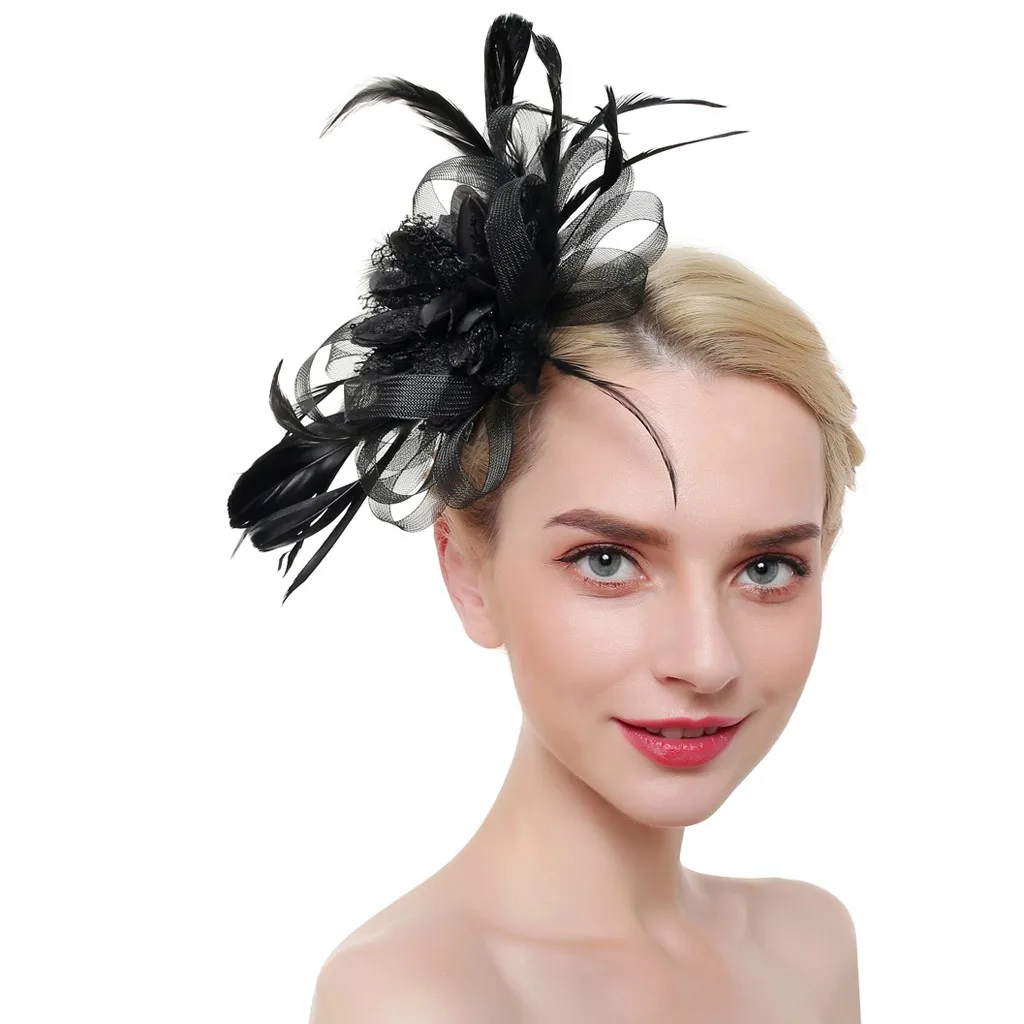 Women Mesh Ribbons Feathers Headband Cocktail Tea Party Hat Headwear For Women Jewelry 8.22