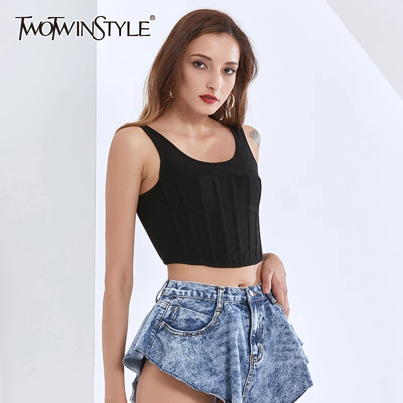 

TWOTWINSTYLE Sexy Black Vest For Women Square Collar Sleeveless Backless Slim Short Tops Female Fashion New Clothing 2020 Summer
