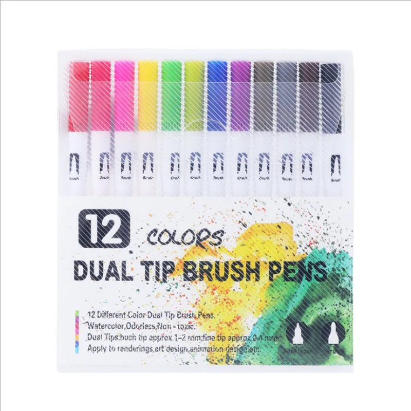 

12 Colors Dual Tips Watercolor Brush Marker Pen Set With Fineliner Tip For Coloring Books Drawing Highlighting