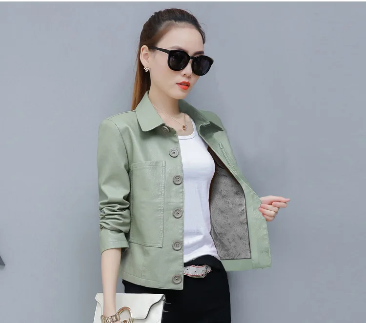 UHYTGF Leather Jacket Women Single-breasted PU Washed Leather Autumn Leather Coat Solid Color Wild Slim Short tops Big Size 827