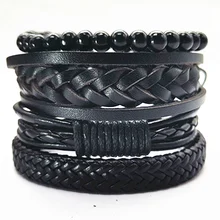 Черный бронзовый крест Для мужчин Браслеты 4 шт./компл. браслет веревочки Мода Обёрточная бумага манжета Кожаные браслеты Для женщин ювелирные изделия аксессуары
