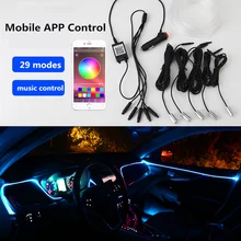 Tira de luces LED de neón para Interior de coche, luz de ambiente con sonido activo, RGB, Multicolor, Bluetooth, Control por teléfono, 12V, 6 en 1