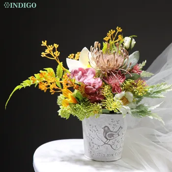 

INDIGO- Eucalyptus Masterwort Flower Arrangement With Pot Gift Tea Table Bonsai Event Centerpiece Free Shipping