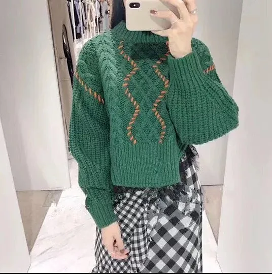 Women's Knitted Sweater Lace Hem Split Lady Green Patchwork Knitwear Pullover Tops 2022 Autumn Winter