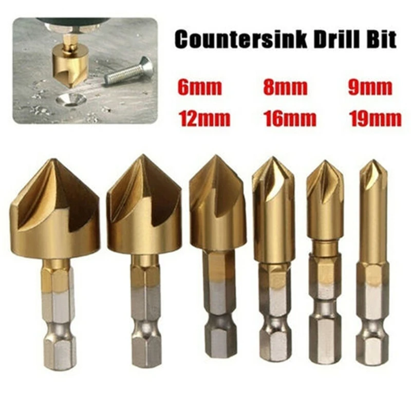 6 19mm Countersink Drill Bit Woodworking Chamfer Counter Bit Set
