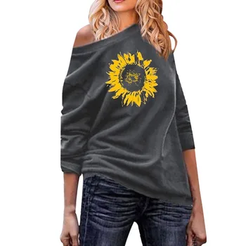 

Fashion 2019 sweatshirt Women's Causal One Shoulder Sunflower Print Long Sleeve autumn clothes super quality