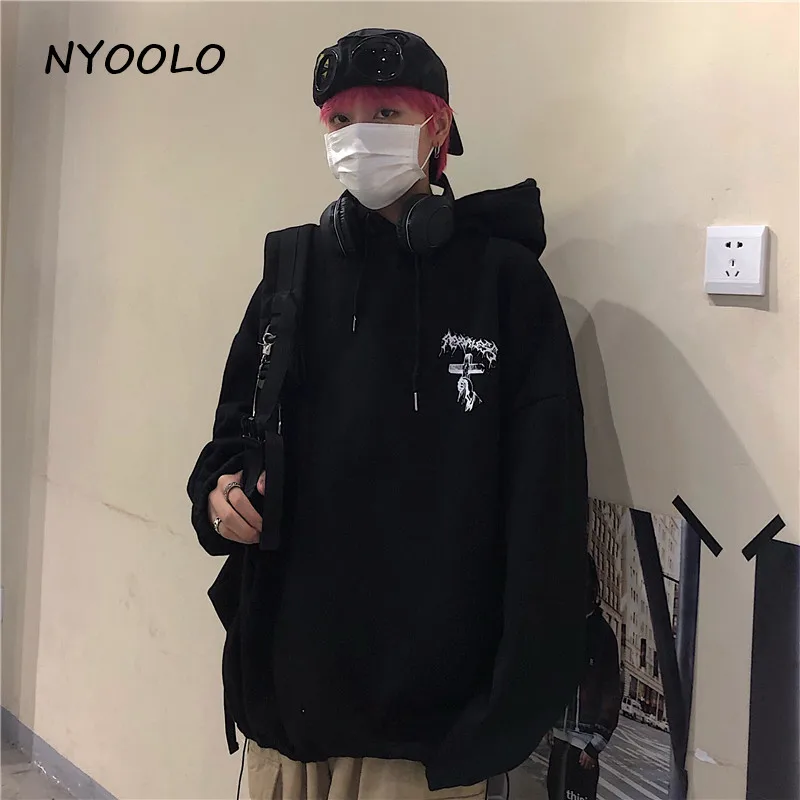 NYOOLO Harajuku street cross letters print thick warm hoodies Autumn winter long sleeve hooded pullovers Sweatshirt women men