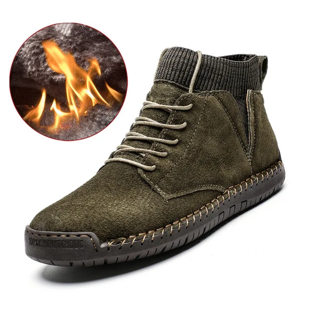Fur green Мужские зимние сапоги; теплые зимние плюшевые тапочки; теплые мужские мотоботы на шнуровке Нескользящая сапоги мужские короткие Водонепроницаемый осенне-зимние мужские туфли для работы - Цвет: Fur green