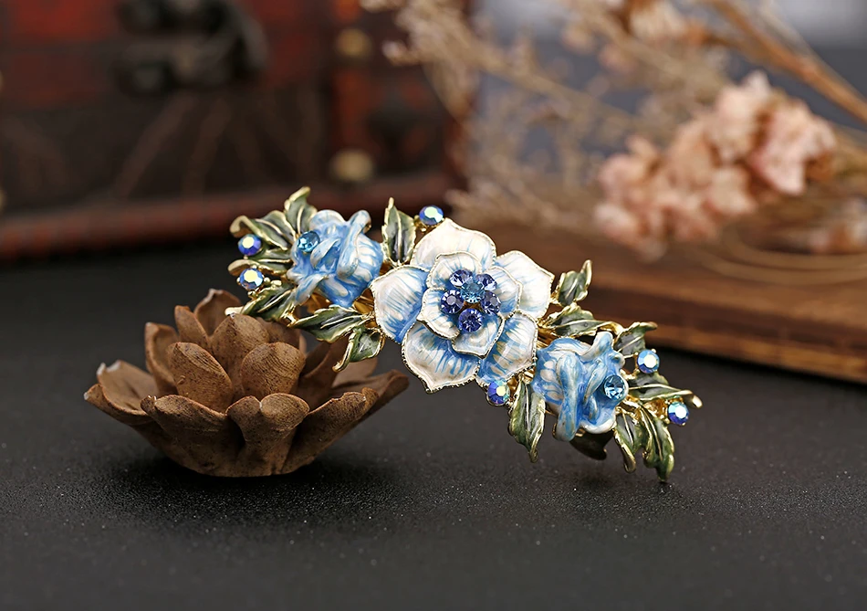 Muylinda Enamel Flower Chinese Hair Clip Jewelry Vintage Rose Rhinestone Hair Pin Barrettes Women Banquet Hair Accessories