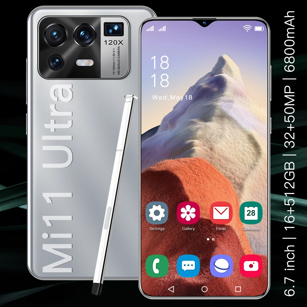 Original Mi 11 Ultra 6.7Inch Global Version Smartphone 6800mAh 16+512GB Unlocked Android Phone HD Screen 5G Phone Support Google