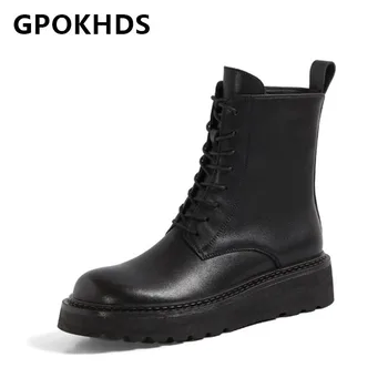 

GPOKHDS 2021 women Ankle boots Cow leather Winter short plush Round Toe Zipper Med heels female Riding boots size 40