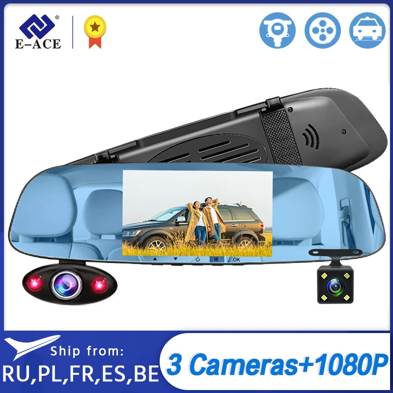E-ACE Автомобильный видеорегистратор 3 объектив камеры 5 дюймов DVR зеркало FHD 1080P