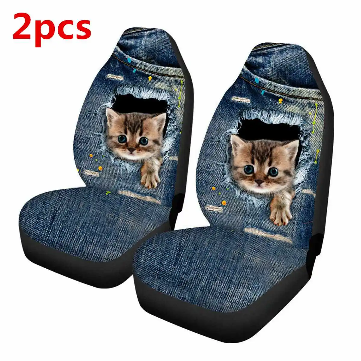 cowboy cat 2pcs 4 вида цветов универсальные чехлы для сидений автомобиля с 3D животным принтом, чехлы для сидений автомобиля, чехлы для сидений автомобиля, защитные аксессуары для интерьера - Название цвета: cowboy cat 2pcs