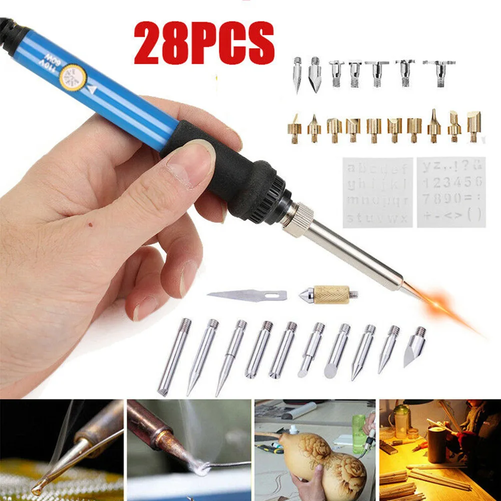 

60W Adjustable Temperature Engraving Soldering Iron Set Pyrograph Head 28 PCs Set Heat Transfer Patch Tool Engraving Head