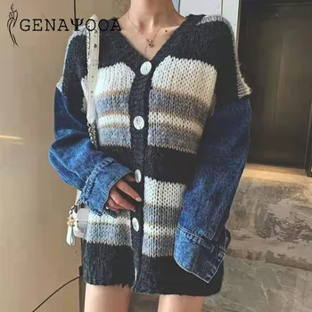 

Genayooa Sweater Knit Cardigan Women Loose Coat Patchwork Denim Sleeve V Neck Striped Cardigan Feminino Autumn Winter 2019