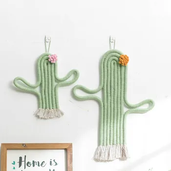 

DUNXDECO Home Decoration Accessories Green Cactus Weaving Handmade Ornament Nordic Fresh Simple Kid Room Wall Decoration Hanging