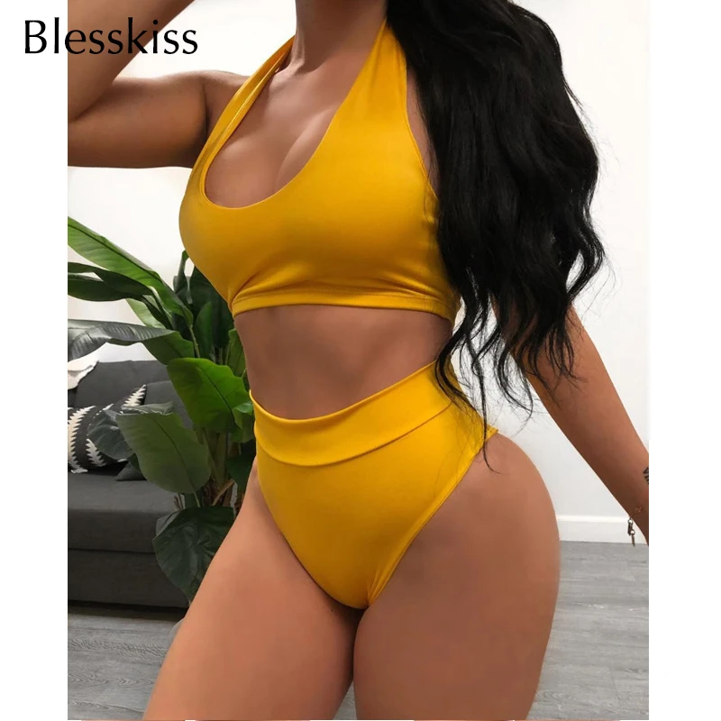 BLESSKISS 2021 New Sexy Bikini High Waist Swimsuit Women Halter Padded Swimwear Swim Bathing Suit maillot de bain femme | Женская одежда