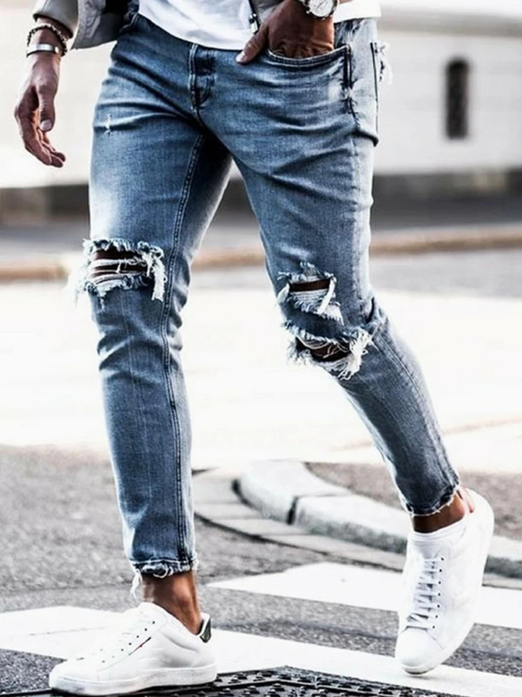 Jeans Skinny strappati al ginocchio Streetwear per uomo pantaloni Hip Hop  con foro distrutto moda pantaloni in Denim elasticizzato tinta unita da uomo |Jeans| - AliExpress