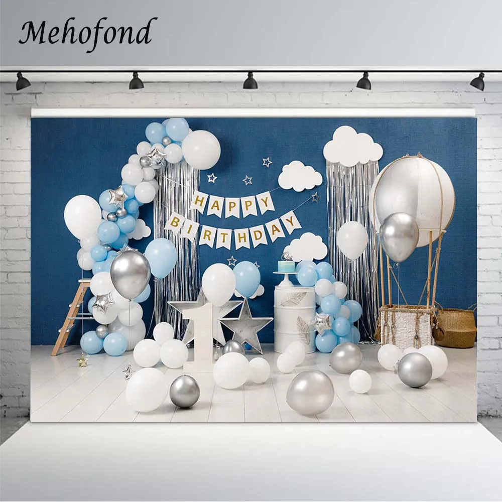 

Mehofond Boy 1st Birthday Background Photography Newborn Cake Smash Portrait Balloon Star Blue Backdrop Photo Studio Photocall