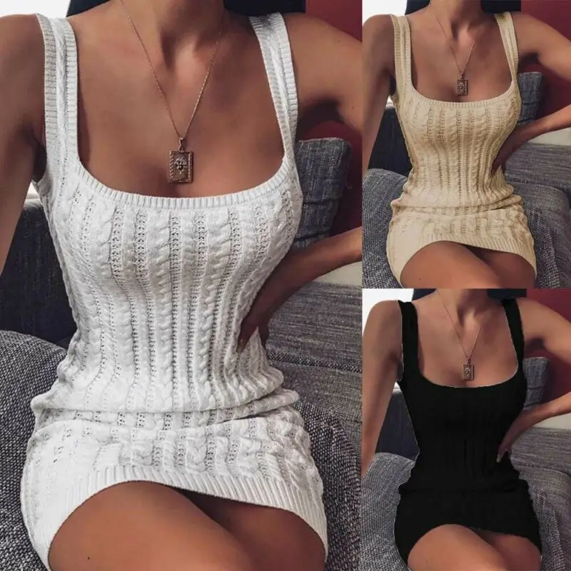 

Women's Knitted Slash Neck Above Knee Dress Summer Party Beach Sleeveless Solid Bodycon Sundress