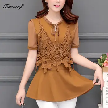 

2020 Women Spring elegant Embroidery Floral Shirt Blouses Tops OL Mesh red bow collar short Sleeve Shirt Patchwork Outwear