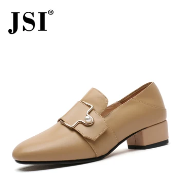 

JSI Women Shoes Square Heel Slip-On Solid Square Toe Office Career Ladies Shoes Buckle Genuine Leather Mules Women Pumps jo327