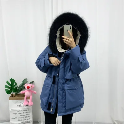 Blue-3 Korean Loose Down Jacket Female Mid Long Waist Big Fur Collar Thicken Down Coats Women Fashion Winter Hooded Jackets HS794 - Цвет: Blue-3