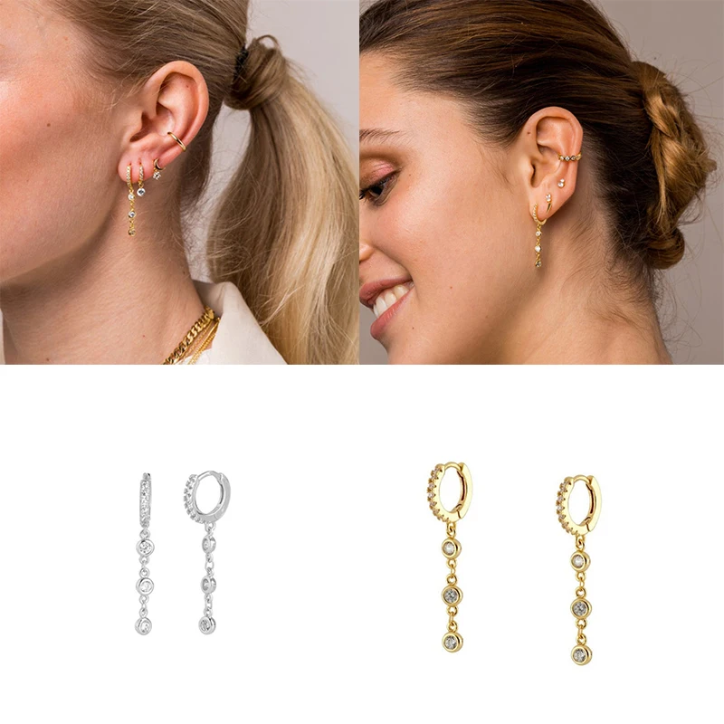 Real 100% 925 Sterling Silver Rainbow Moon Star Hoop Earrings for Women Crystal Zircon Chain Earring Gold Silver Ear Jewelry A30