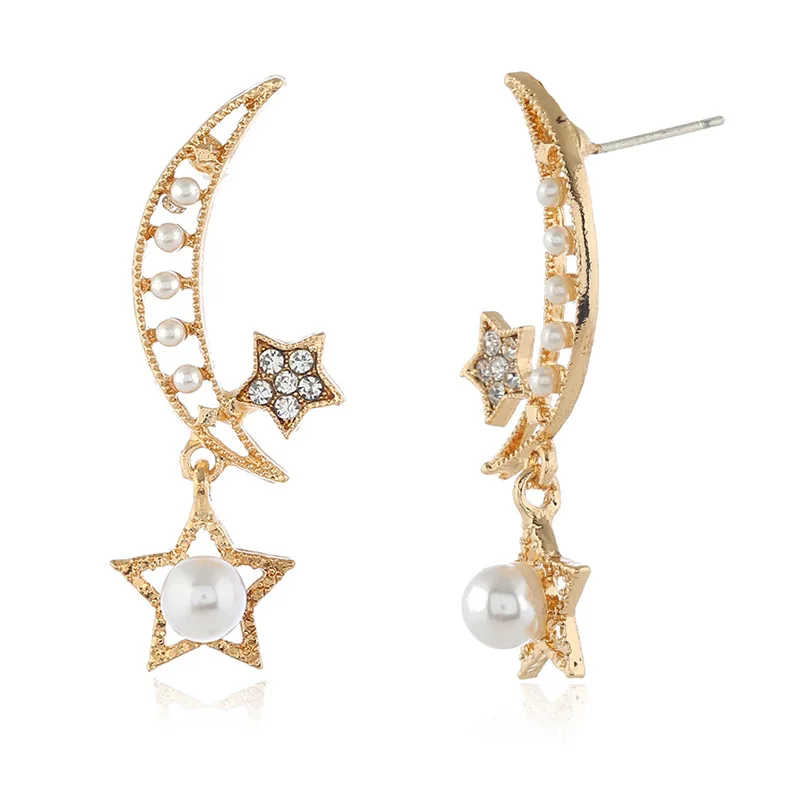 

Women's Vintage Stars moon 925 Silver Needle Asymmetric round Earrings Crystal Fashion Glamour Star Gold Girl Wedding Jewellery