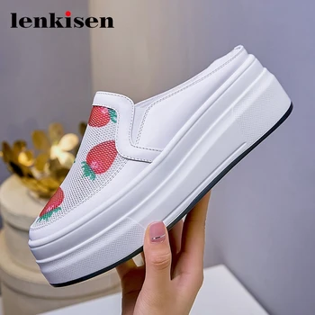 

Lenkisen genuine leather thick bottom wedge platform round toe slip on beauty lady daily wear white sneaker vulcanized shoes L35