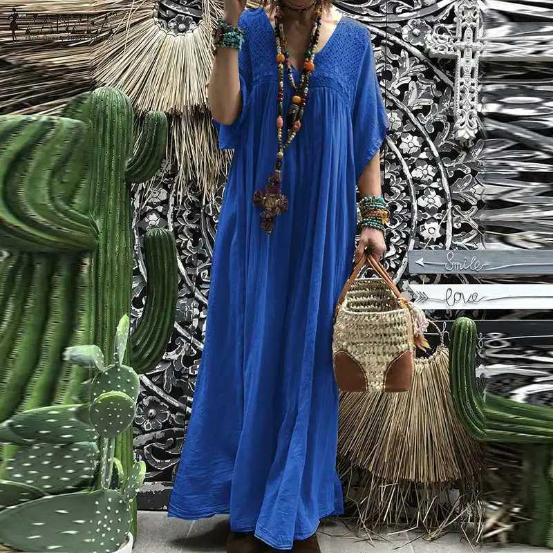 

2019 ZANZEA Fashion Lace Patchwork Party Sundress Women Casual Solid V Neck Dress Summer Short Sleeve Long Vestidos Famele Robe