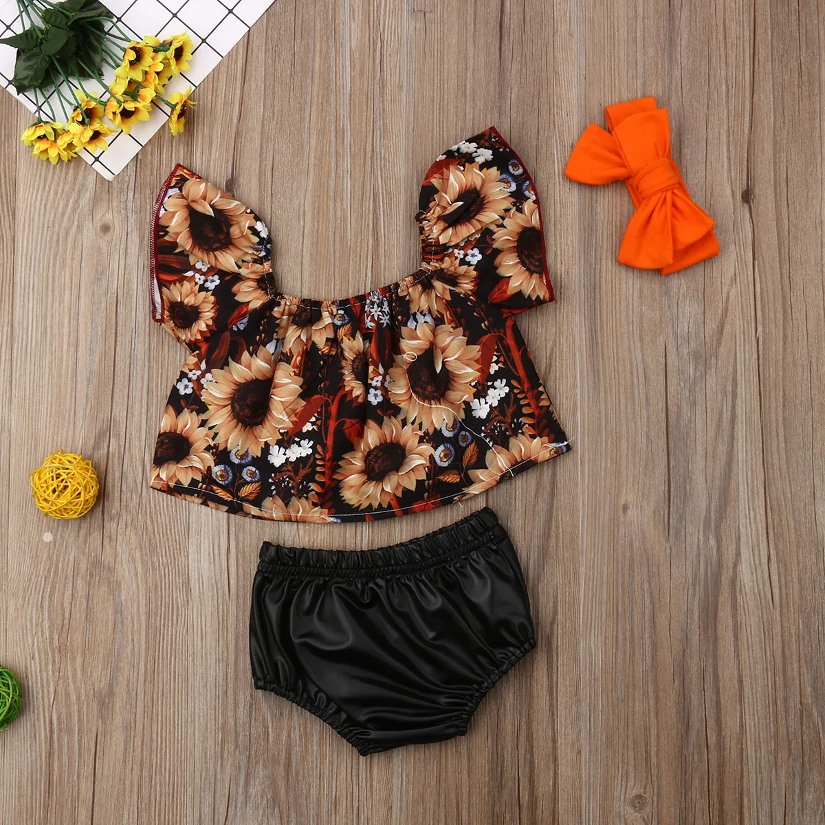  3PCS Newborn Baby Summer Clothes Sets Fashion Off Shoulder Toddler Kids Baby Girls Sunflower Tops S