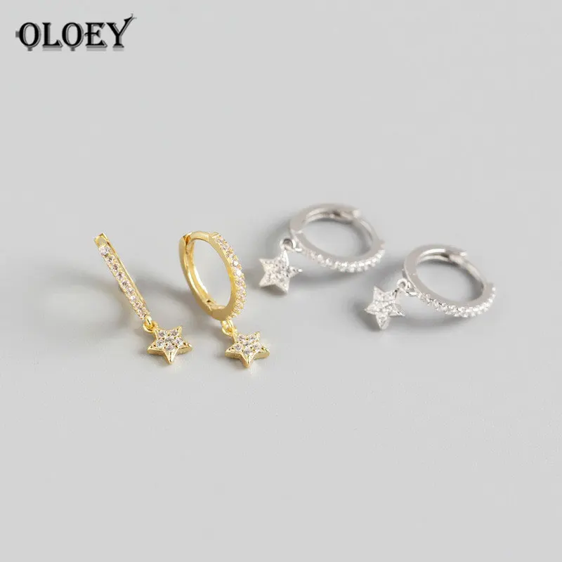 OLOEY Real 925 Sterling Silver Hoop Earrings for Women Europe Delicate Star Pendant Earring Fine Party Jewelry Gifts YME614