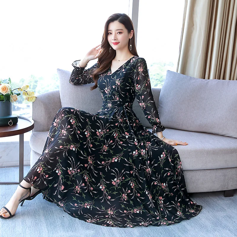 

2019 Early Autumn New Style Long Sleeve Sun-resistant Floral-Print Chiffon Dress, Large Size Slim Fit Waist Hugging Big Dress