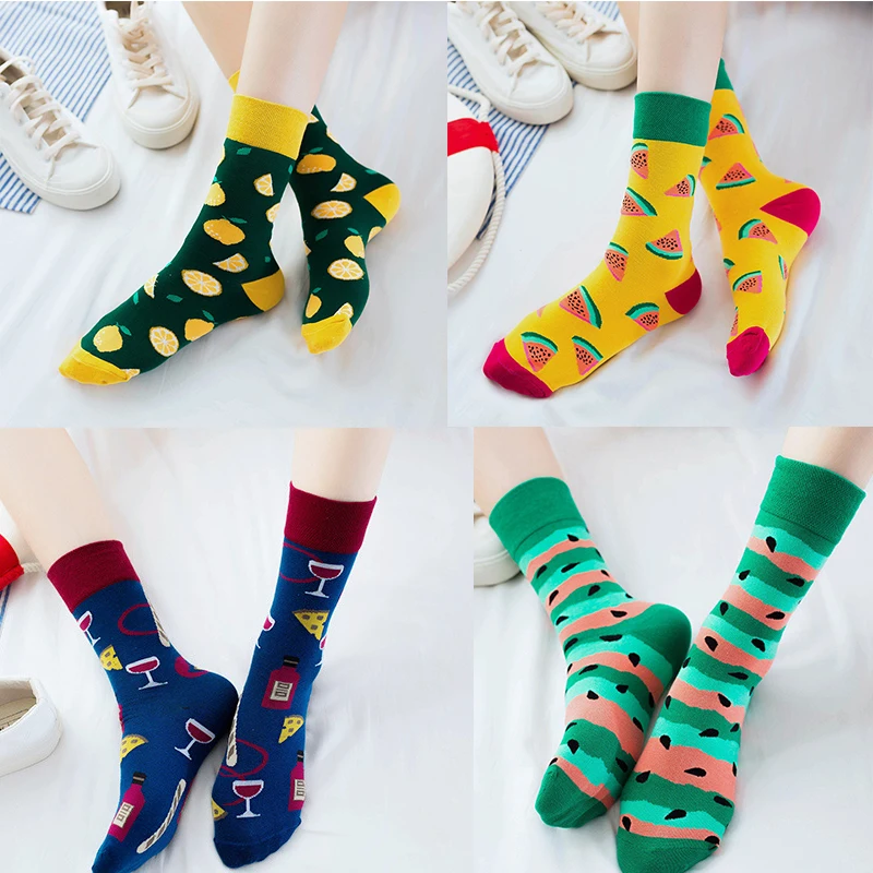 

Cartoon Fruit Illustration Watermelon Ice Cream Crab Socks for Women Leisure Cotton Sock Harajuku Street Skateboard Socks Q1539