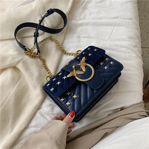 Новинка, модная бархатная сумка-мессенджер через плечо с металлическим украшением в виде бабочки, маленькая квадратная сумка-мессенджер с клапаном, Sac Lux Cc - Цвет: blue